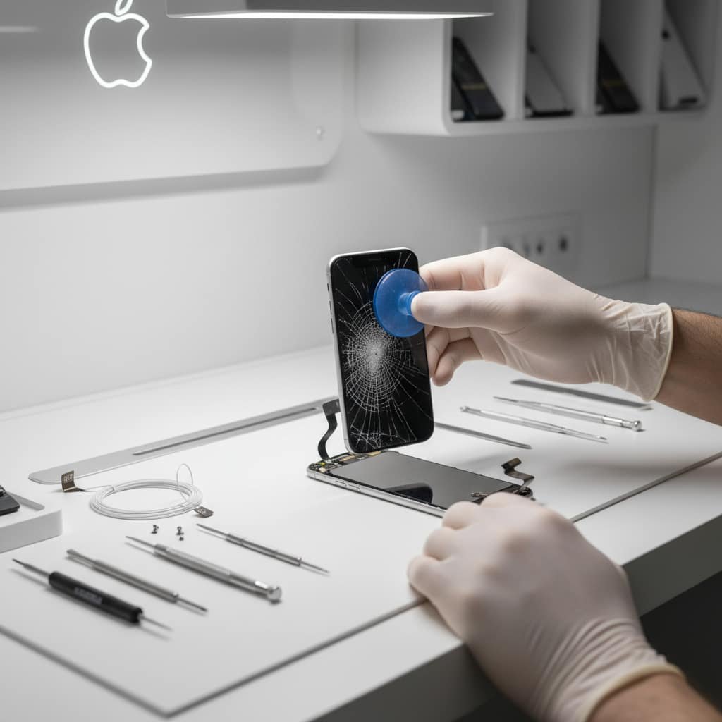 MacBook screen replacement in Dubai - technician fitting a new Retina display at our Media City workshop