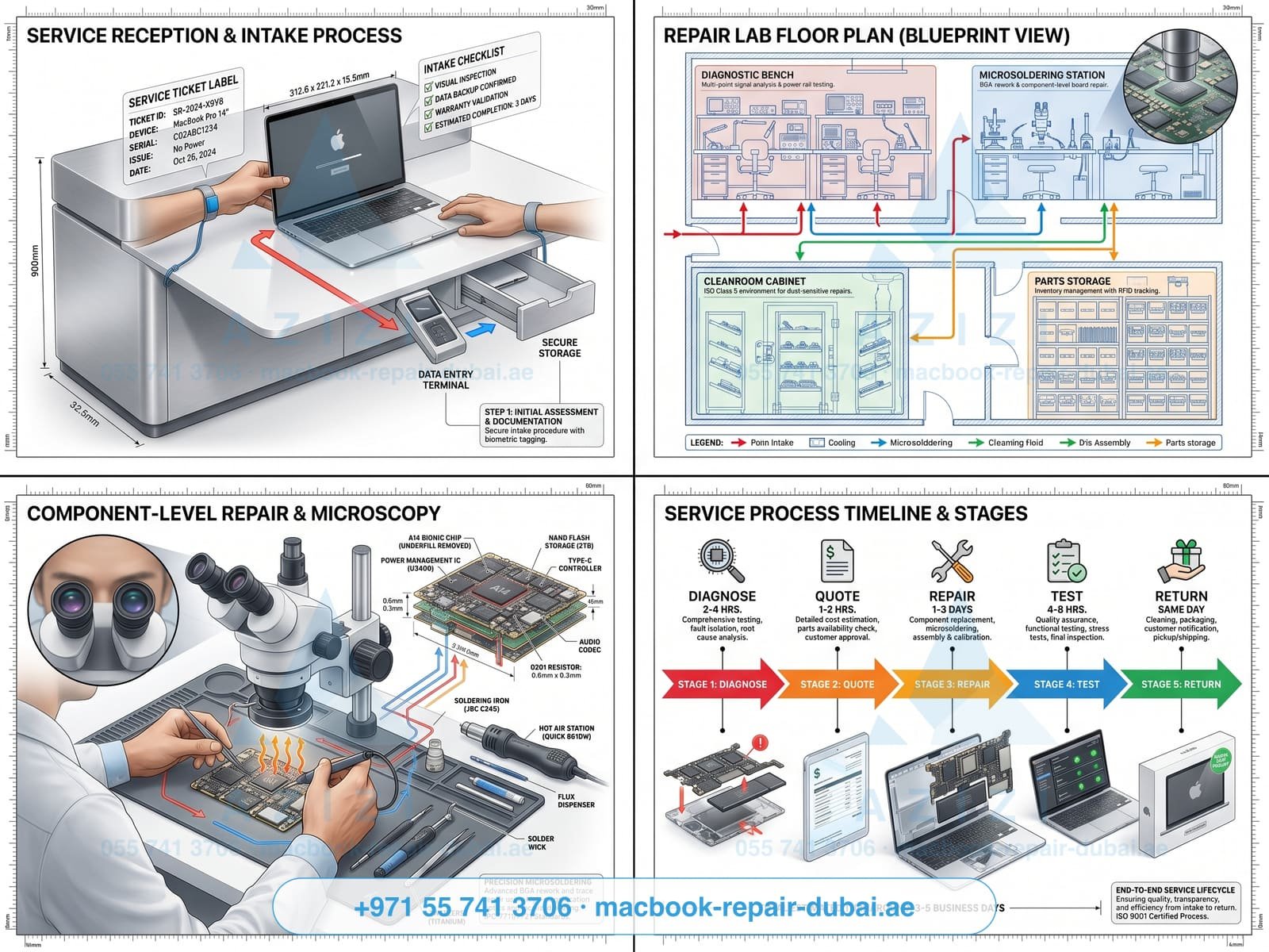 Apple service center Dubai - independent repair lab process infographic