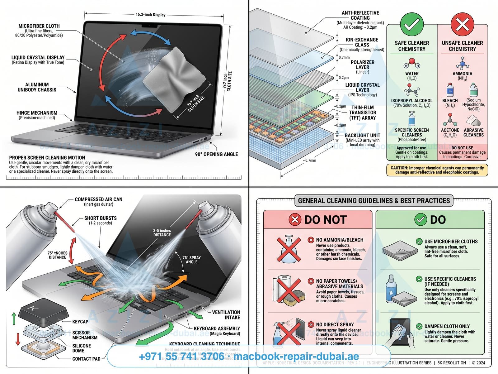 Cleaning a MacBook Pro keyboard in Dubai with a microfiber cloth and compressed air at a 75 degree angle