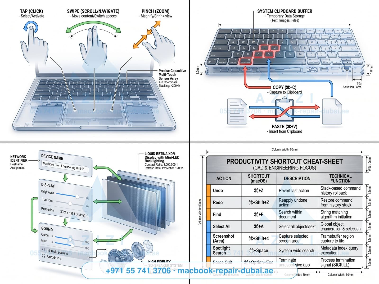 MacBook basics and settings guide - everyday shortcuts infographic
