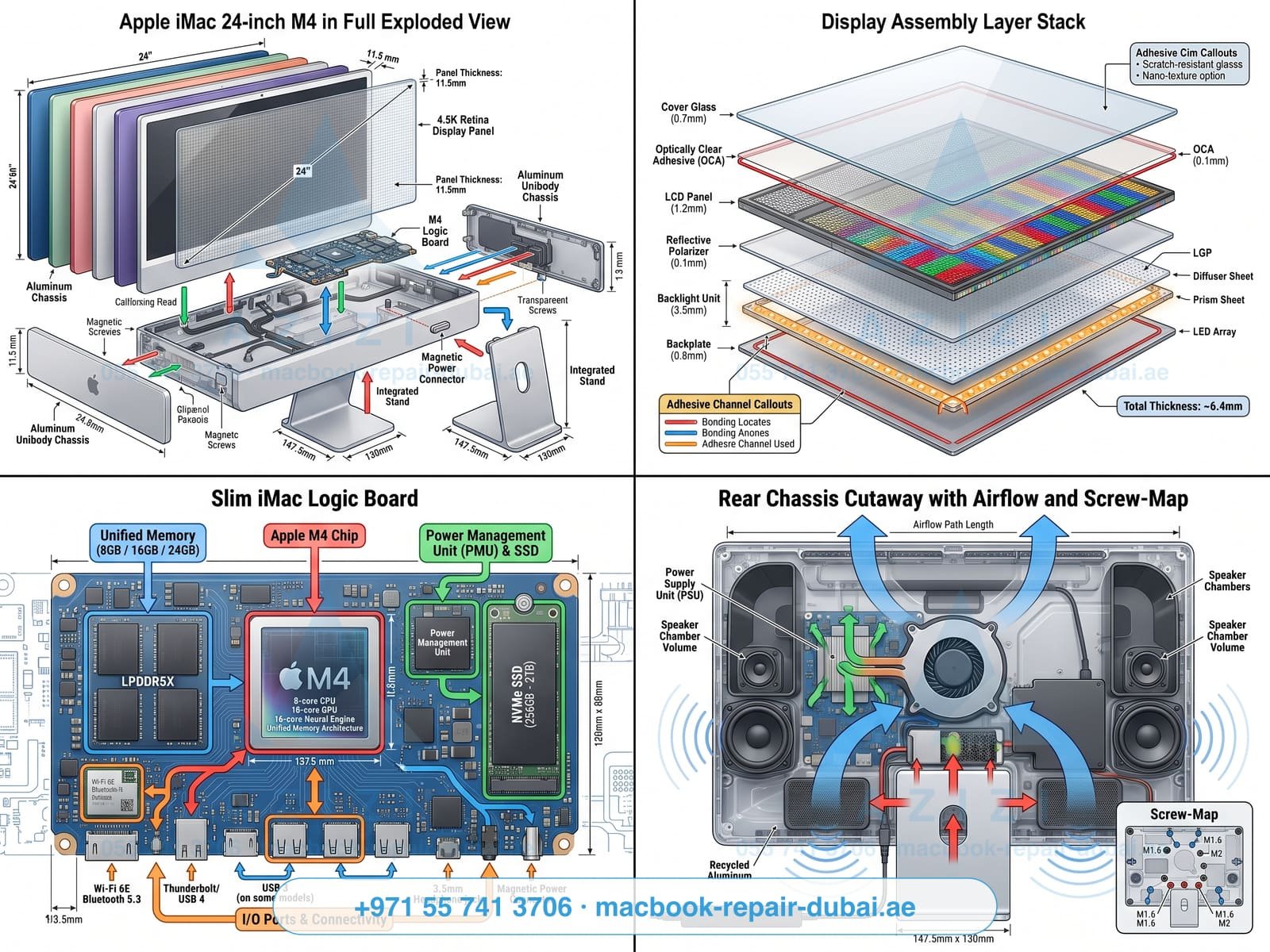 iMac repair Dubai - 24-inch M4 all-in-one teardown exploded-view engineering infographic