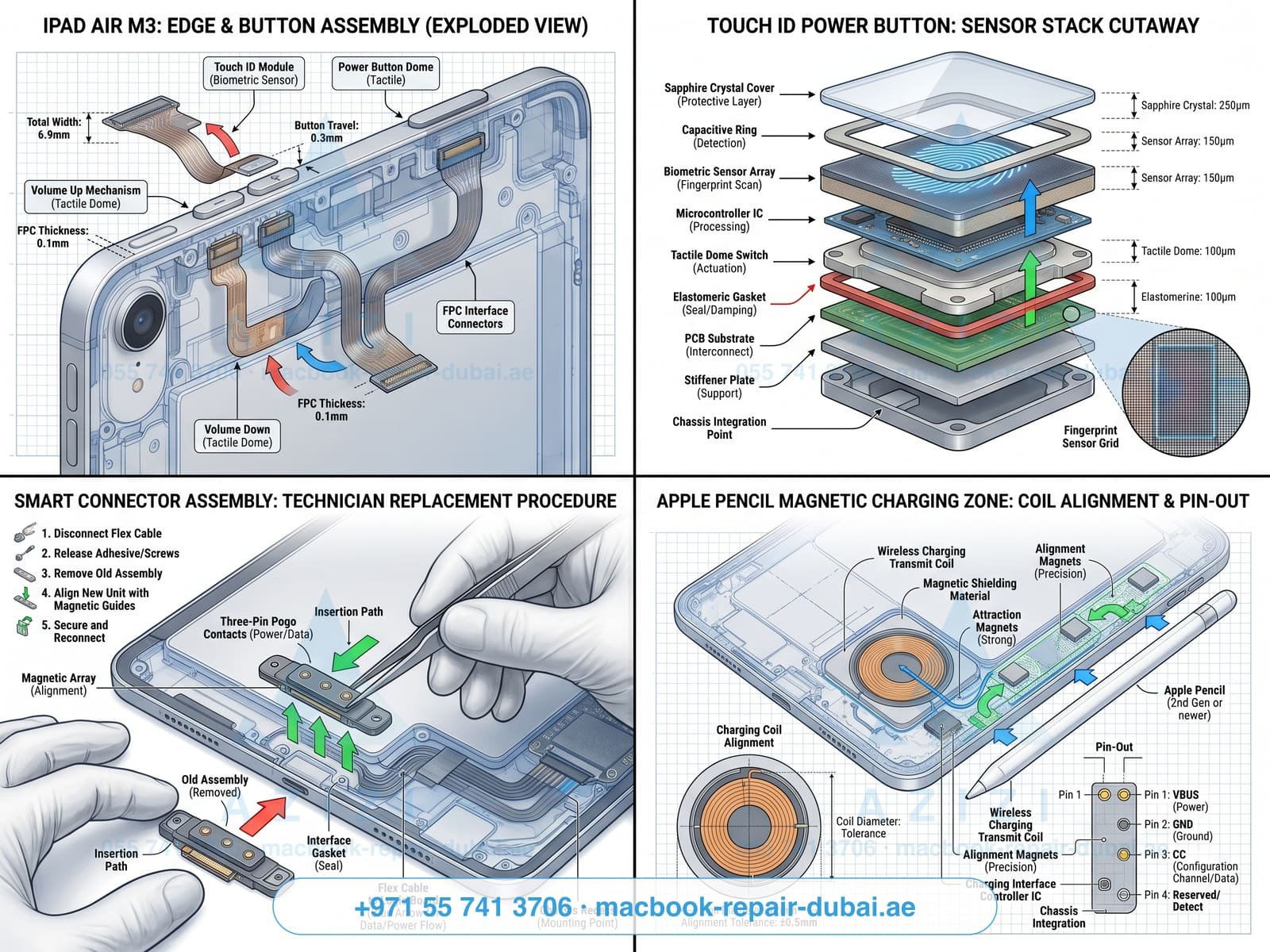 iPad button and Smart Connector repair Dubai - mechanism cutaway infographic