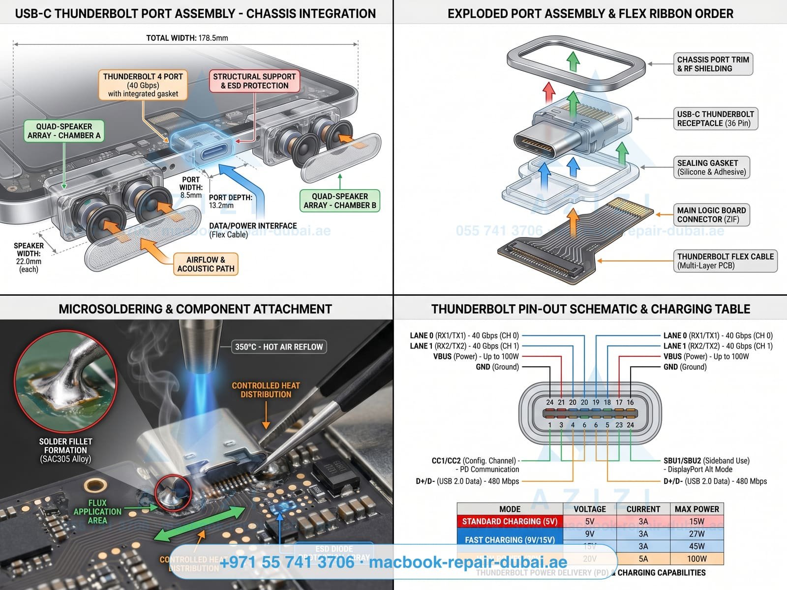 iPad charging port repair Dubai - USB-C Thunderbolt port assembly infographic iPad charging port repair Dubai - USB-C Thunderbolt port assembly infographic