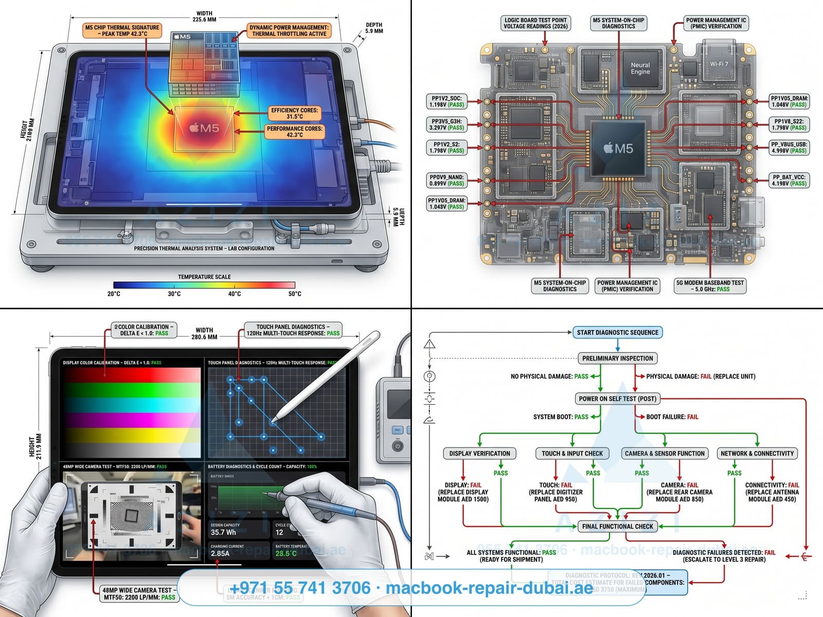 iPad full diagnostic service Dubai - test bench thermal analysis infographic