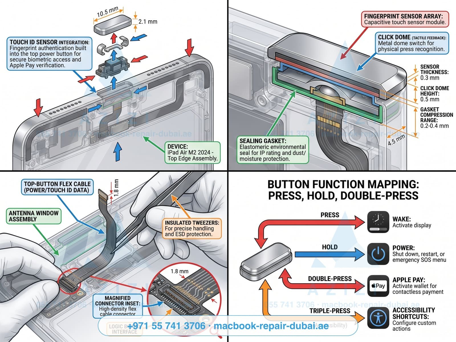 iPad top button and Touch ID repair Dubai - power button assembly engineering infographic