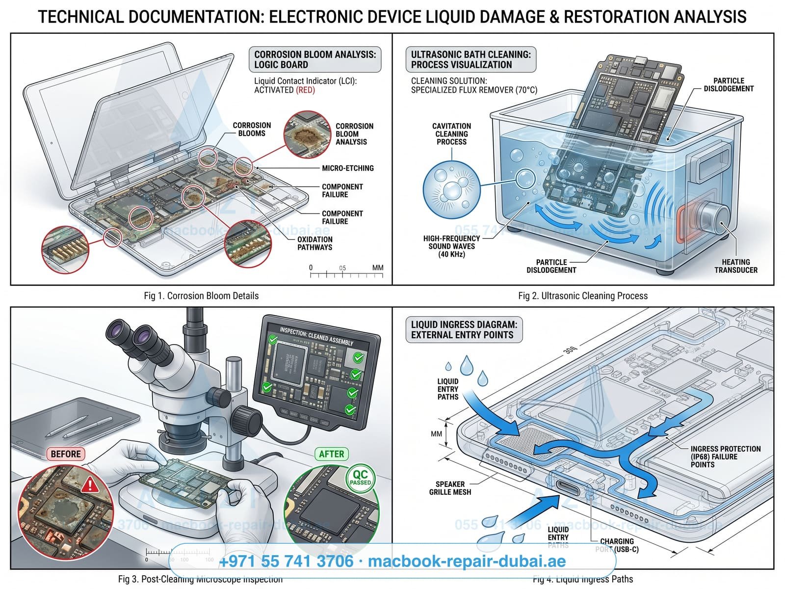 iPad water damage repair Dubai - board corrosion treatment infographic