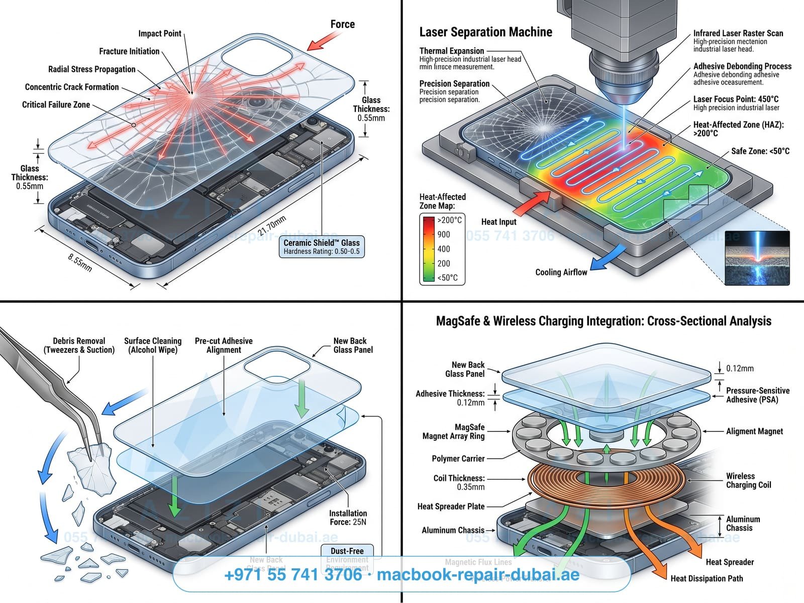 iPhone back glass repair Dubai - laser removal process engineering infographic