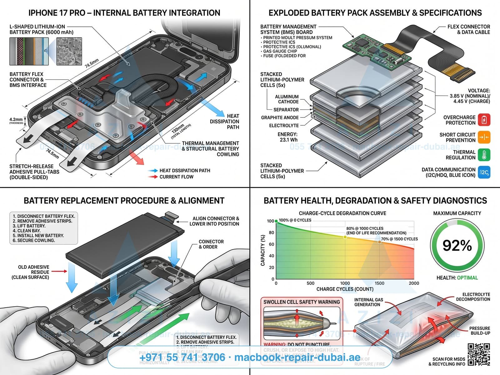iPhone battery replacement Dubai - lithium battery removal and health diagram infographic
