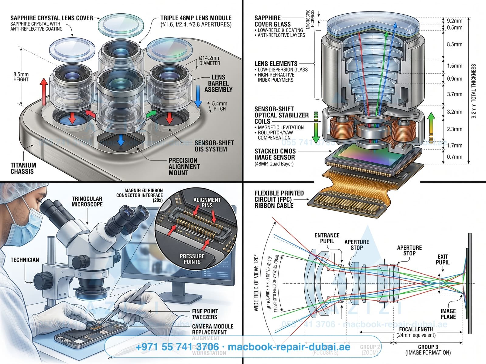 iPhone camera repair Dubai - 48MP triple lens module exploded-view infographic