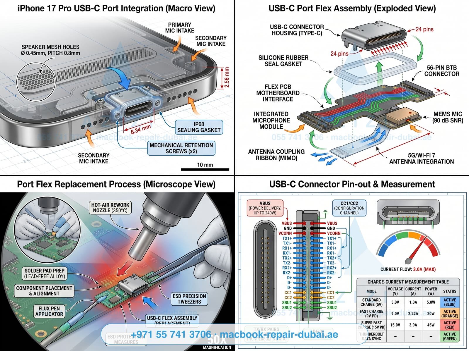 iPhone charging port repair Dubai - USB-C port assembly microsoldering infographic
