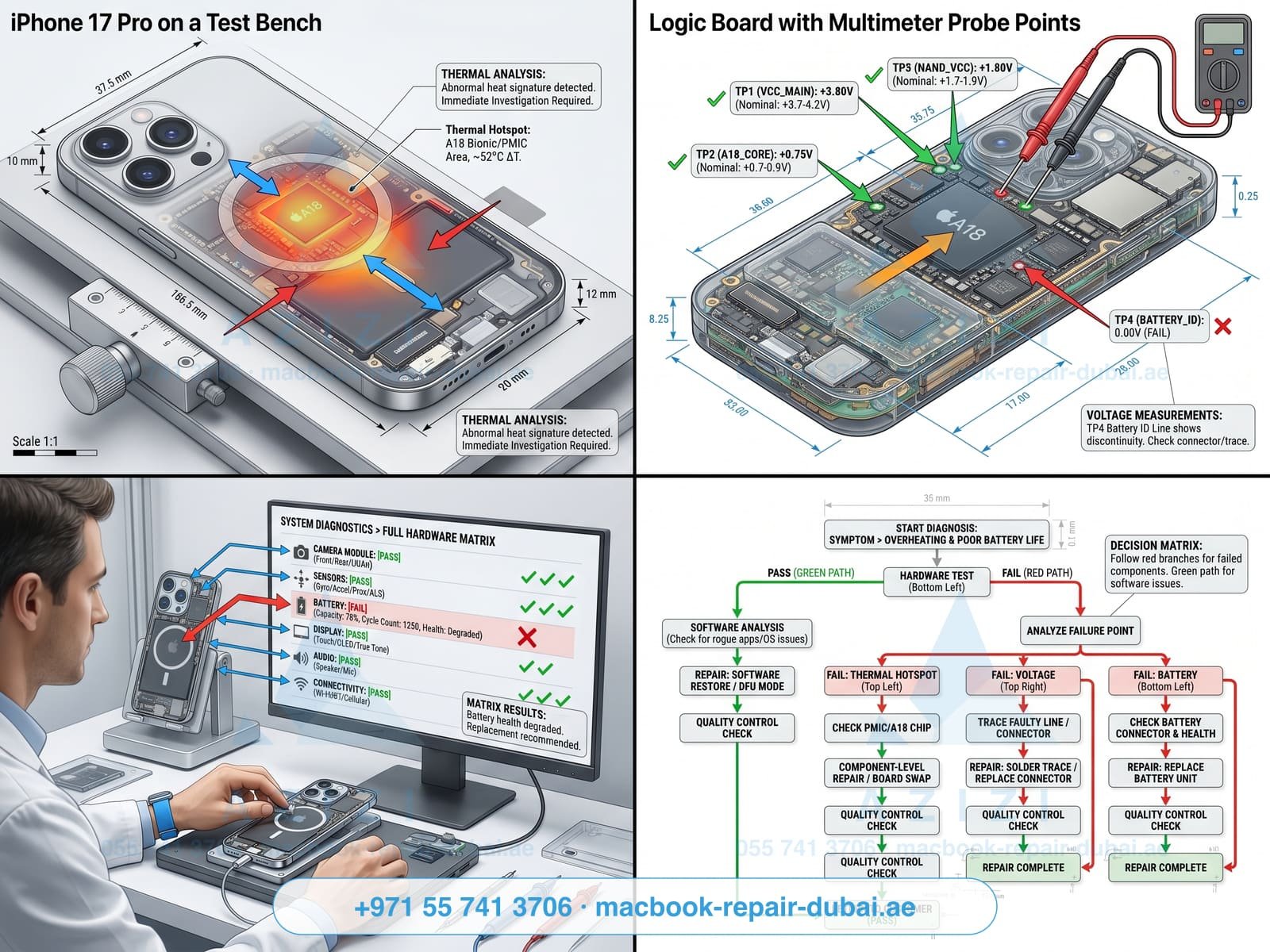 iPhone full diagnostic service Dubai - thermal imaging test bench infographic