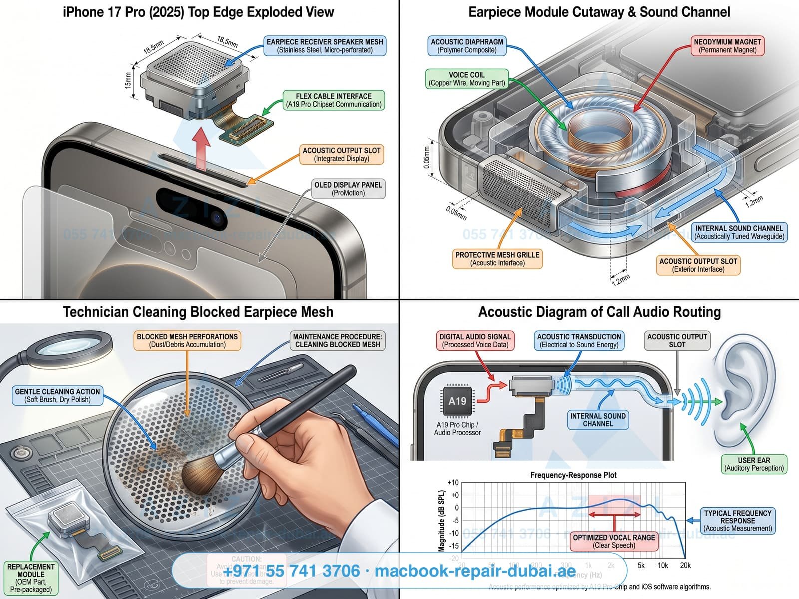 iPhone earpiece speaker repair Dubai - top receiver module exploded-view engineering infographic