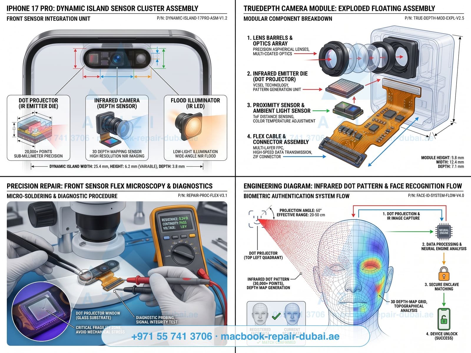 iPhone Face ID repair Dubai - TrueDepth sensor module engineering infographic