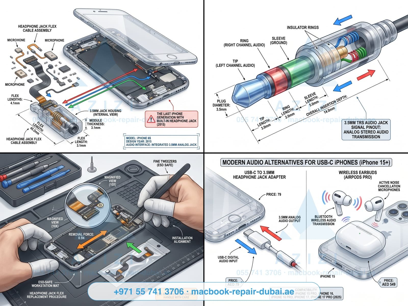 iPhone headphone jack repair Dubai - legacy 3.5mm audio jack assembly infographic
