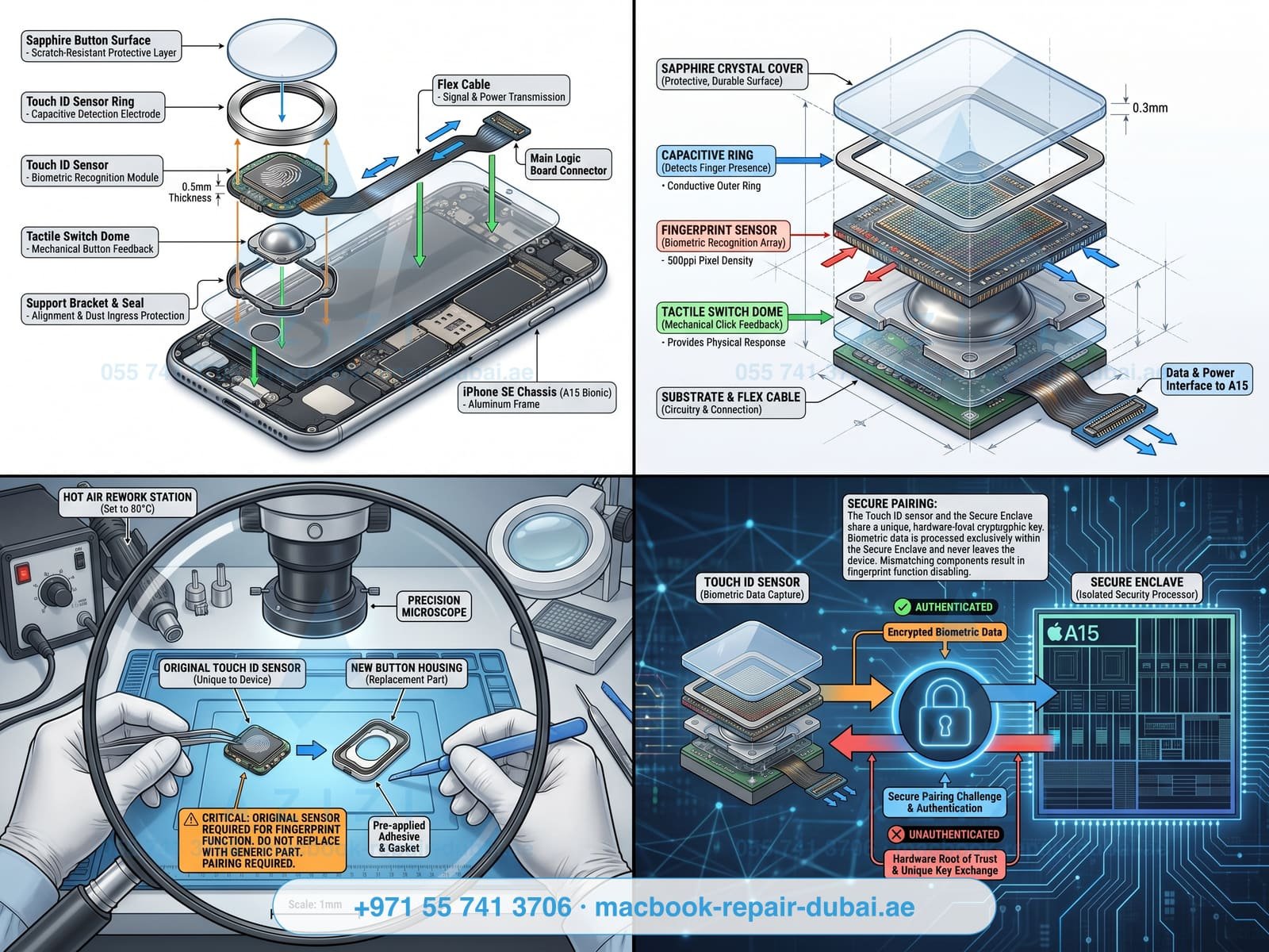iPhone home button and Touch ID repair Dubai - button assembly engineering infographic