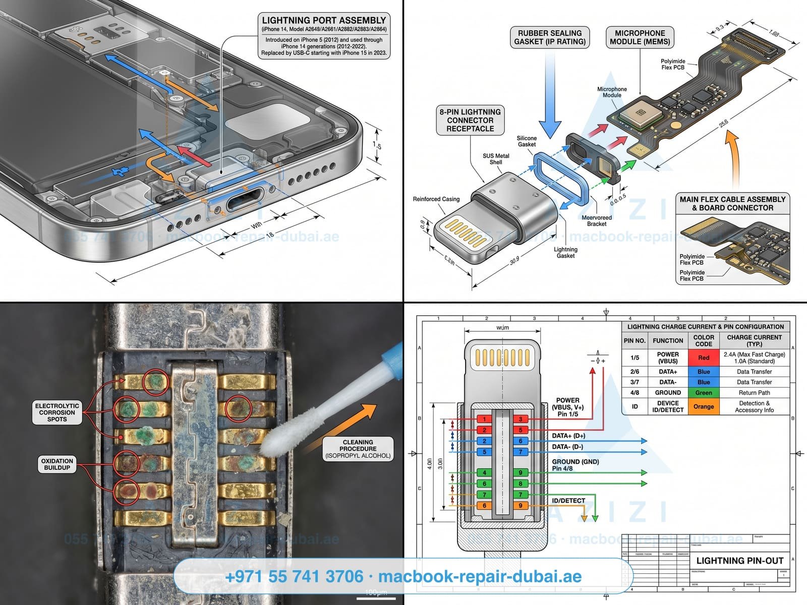 iPhone Lightning port repair Dubai - Lightning connector assembly engineering infographic