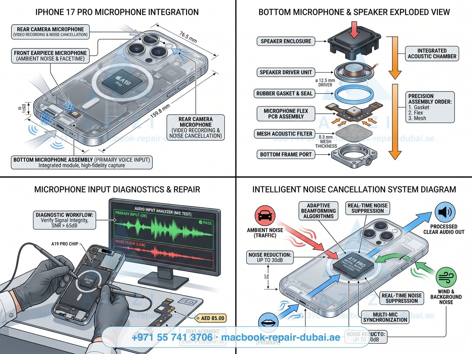 iPhone microphone repair Dubai - triple microphone array engineering infographic