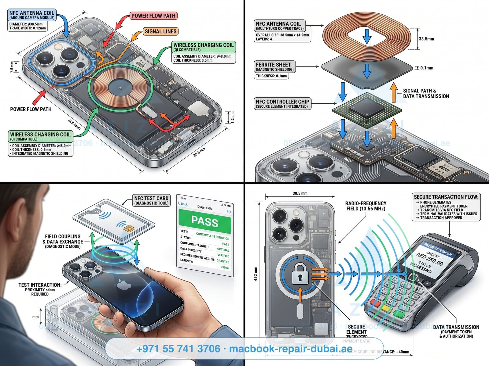 iPhone NFC and Apple Pay repair Dubai - NFC coil assembly engineering infographic