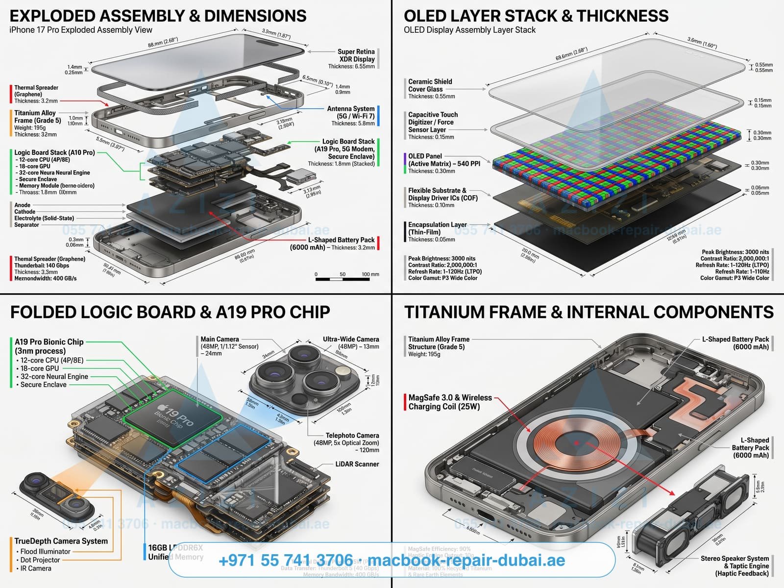 iPhone repair Dubai - iPhone 17 Pro full teardown exploded-view engineering infographic