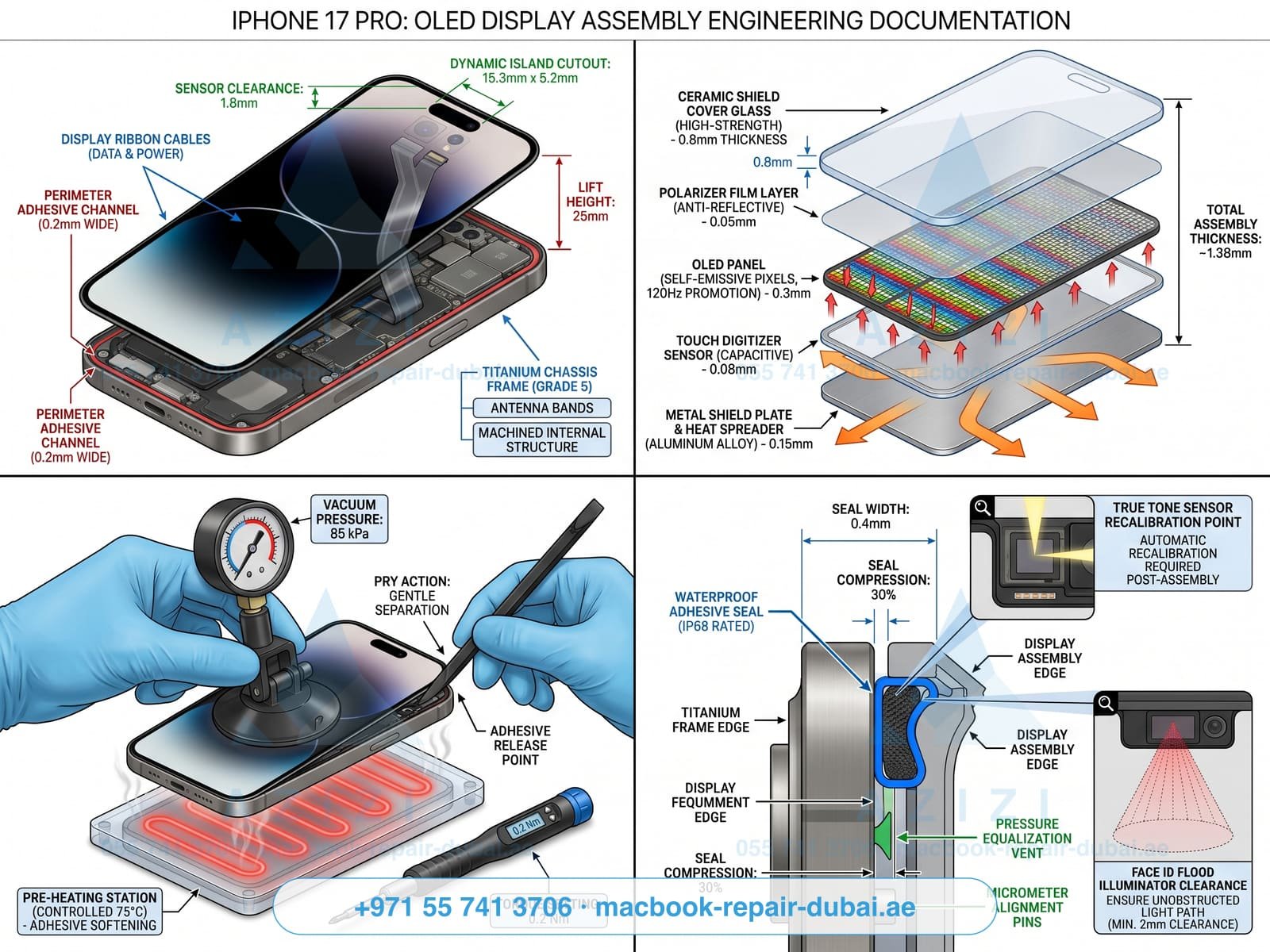 iPhone screen repair Dubai - OLED display assembly exploded-view engineering infographic
