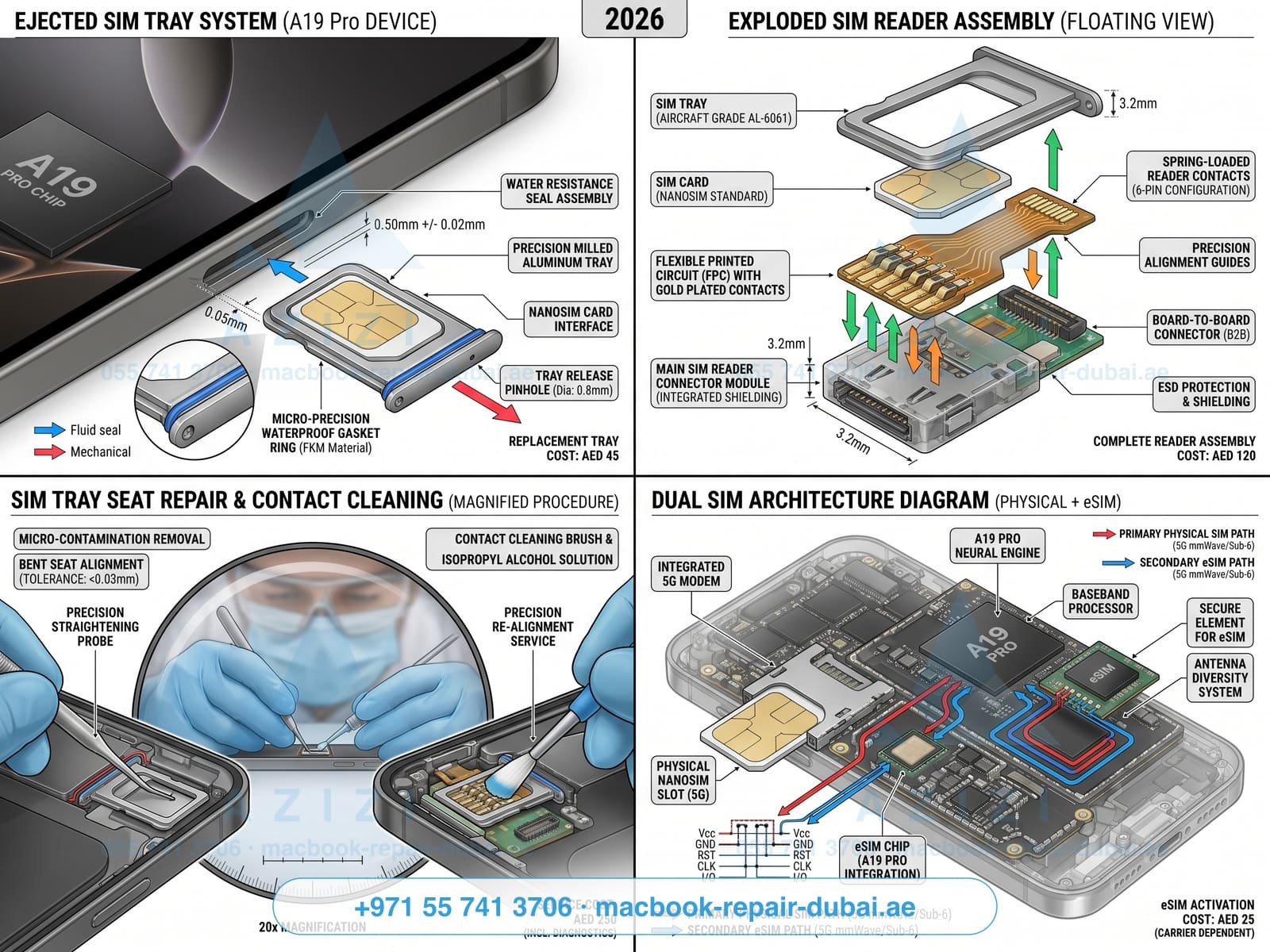 iPhone SIM tray repair Dubai - nano-SIM tray and reader assembly engineering infographic