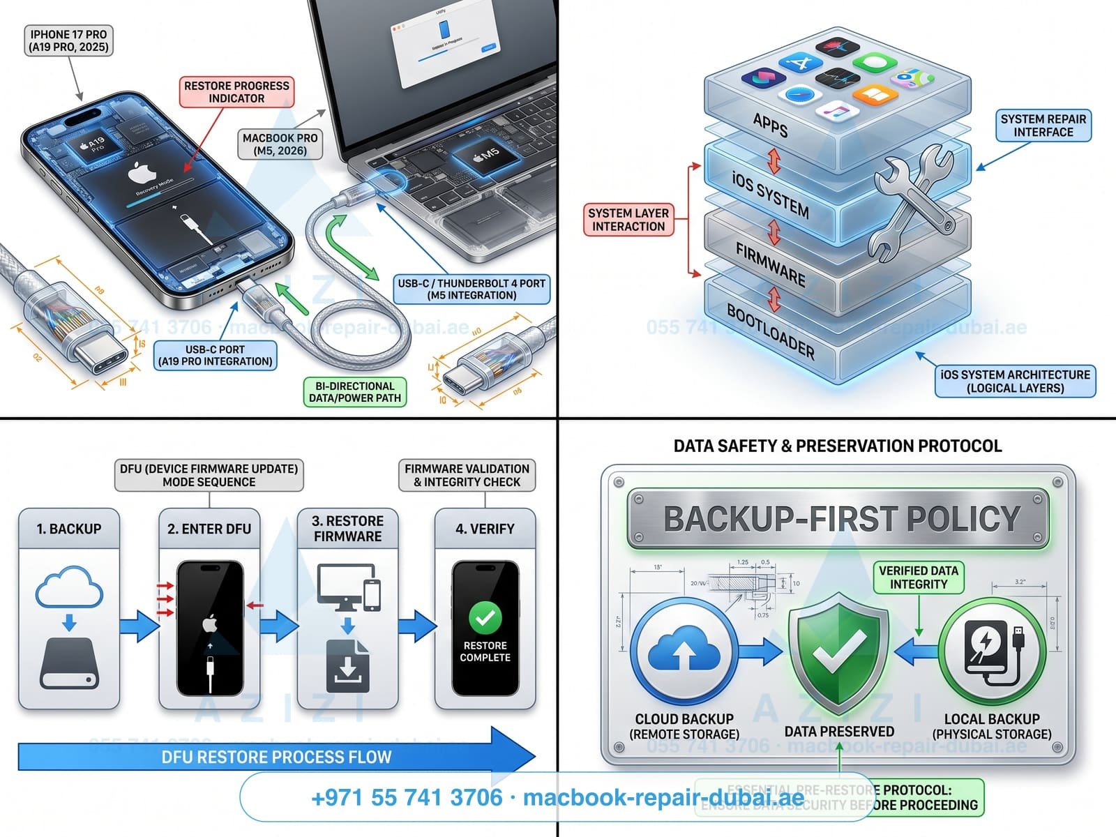 iPhone software repair Dubai - iOS restore and recovery process infographic