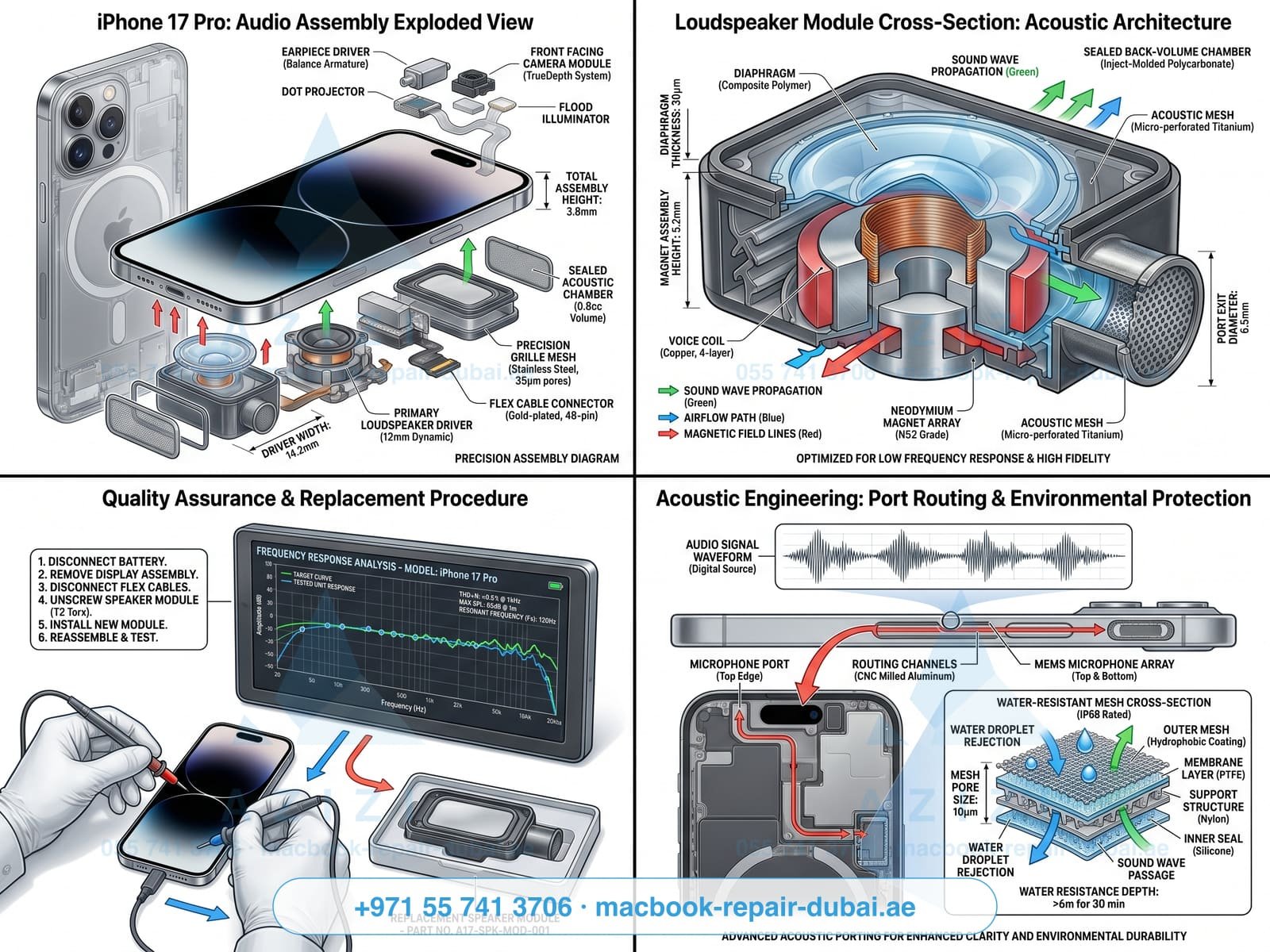 iPhone speaker and earpiece repair Dubai - acoustic module exploded infographic