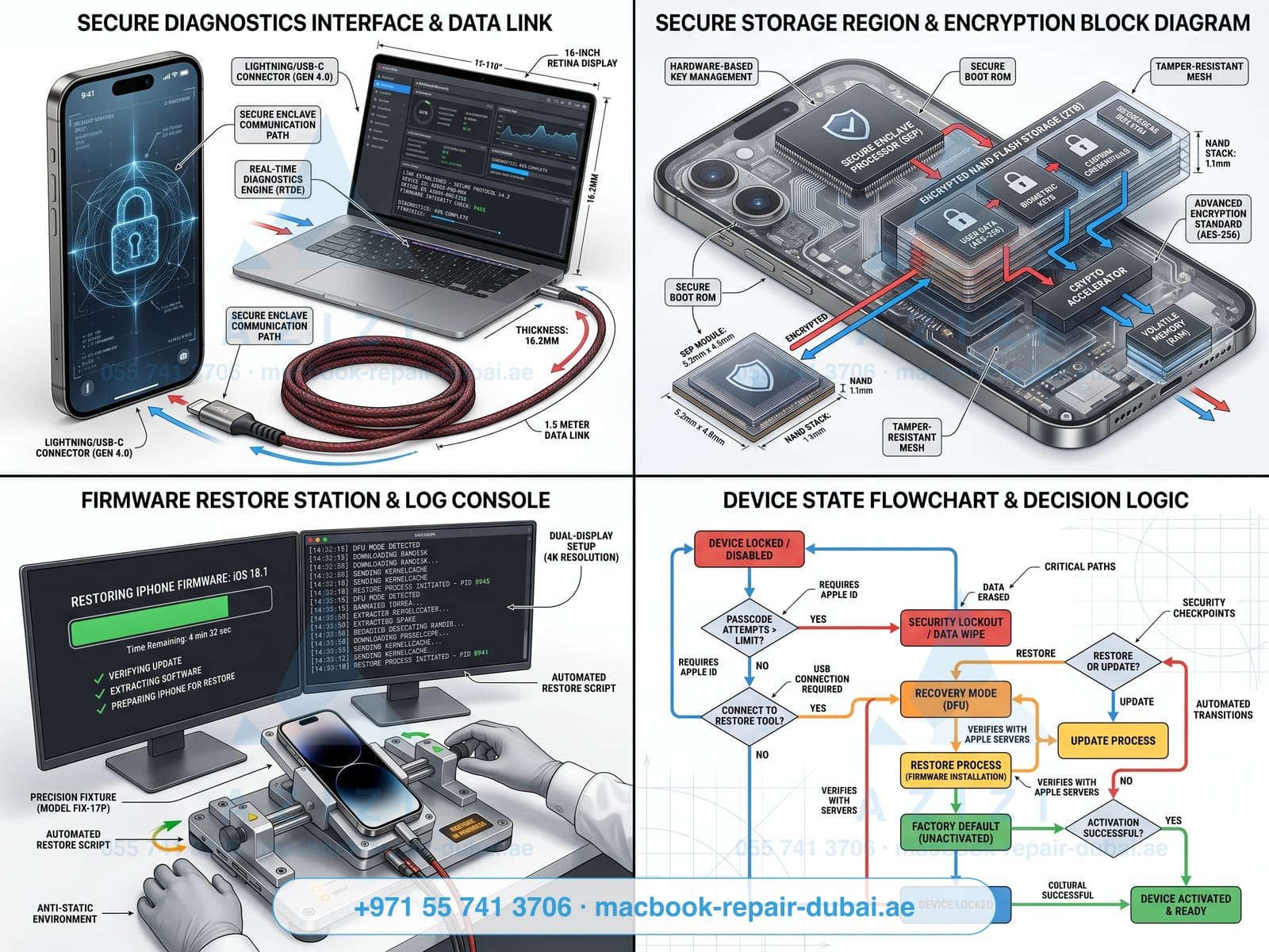 iPhone software repair and unlock service Dubai - diagnostic workstation infographic