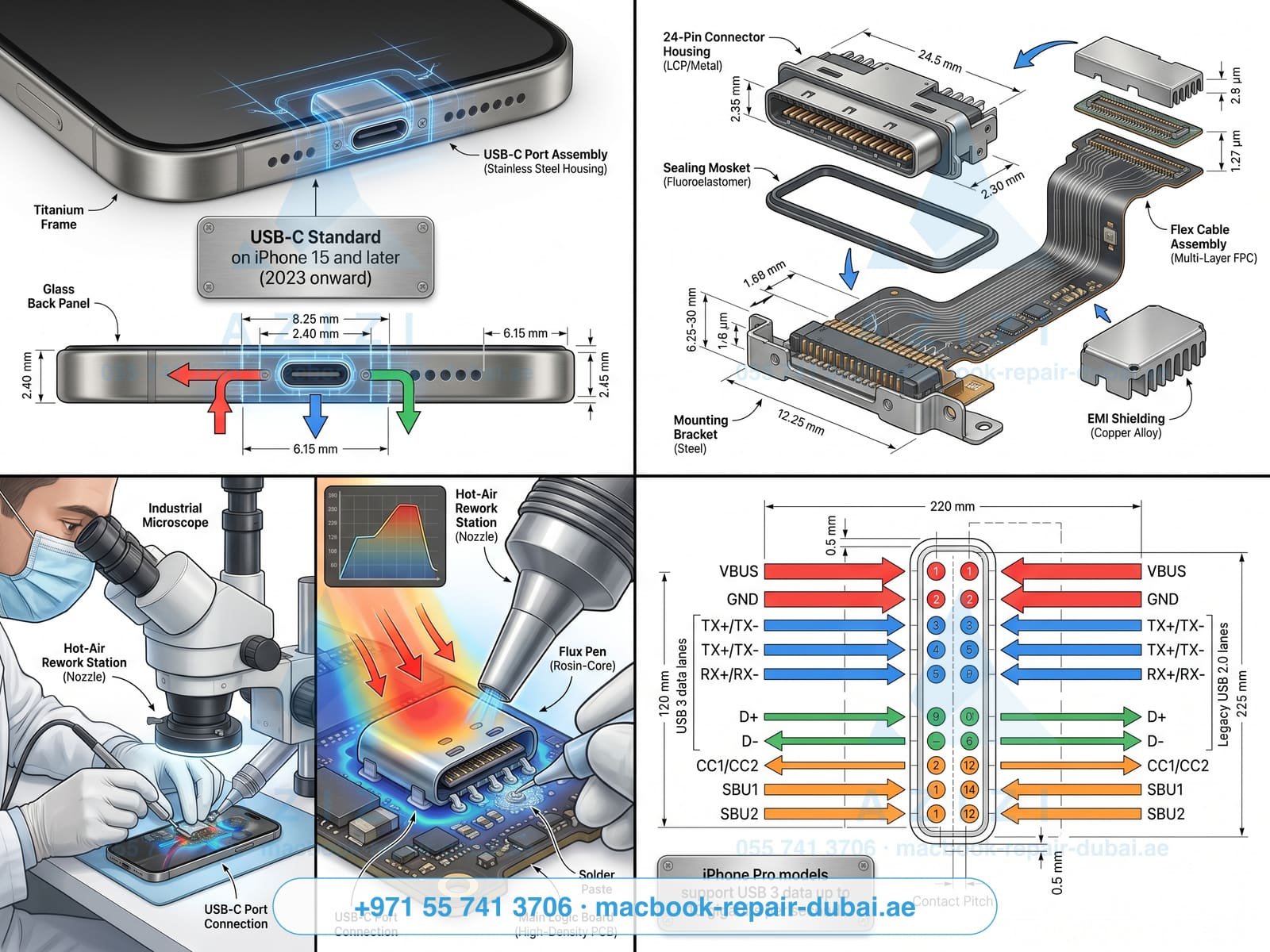 iPhone USB-C port repair Dubai - USB-C connector assembly engineering infographic
