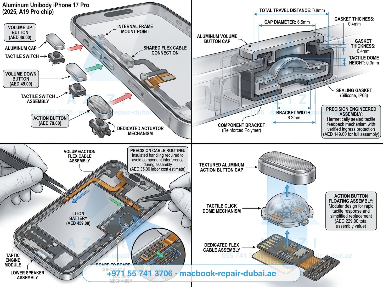 iPhone volume button repair Dubai - volume rocker flex assembly engineering infographic