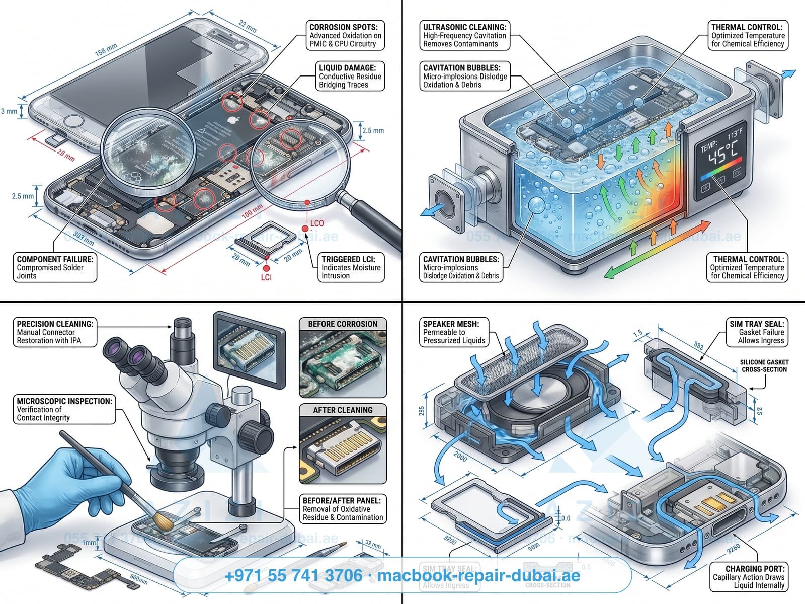 iPhone water damage repair Dubai - corrosion treatment and ultrasonic cleaning infographic