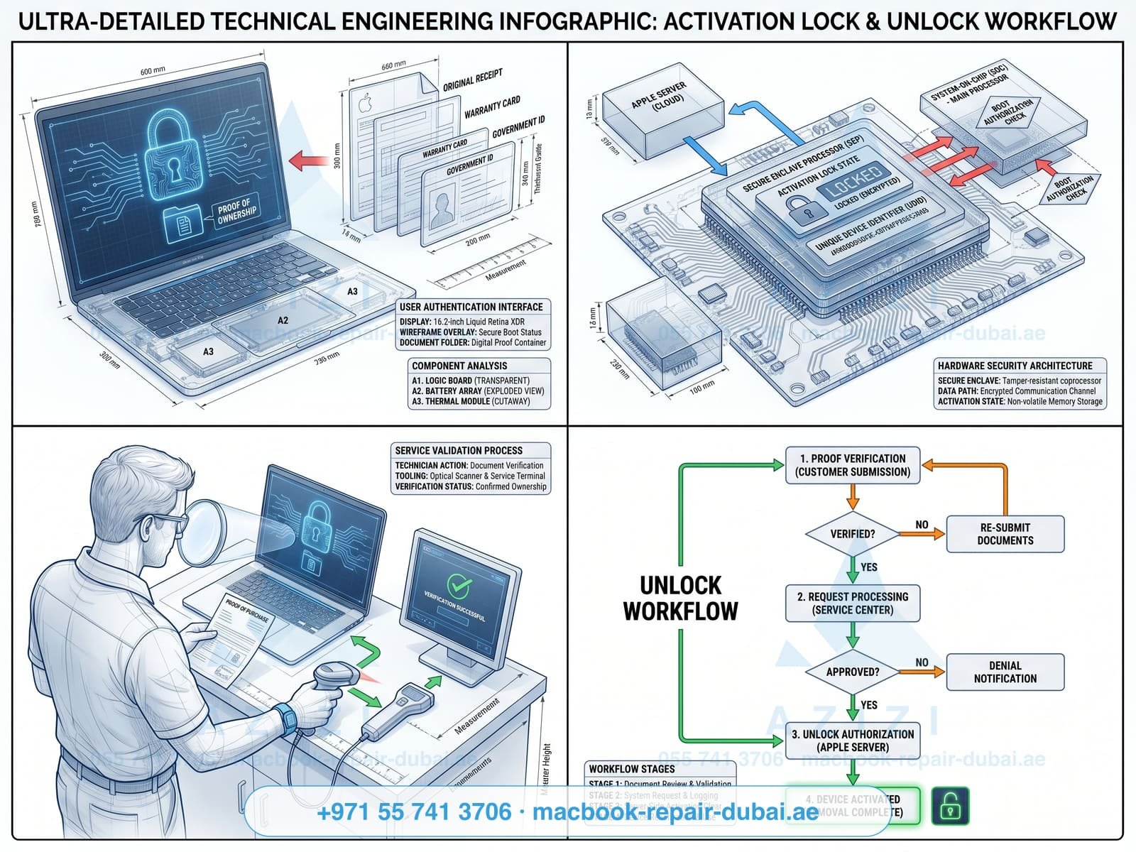 Mac activation lock removal Dubai - ownership verification workflow infographic