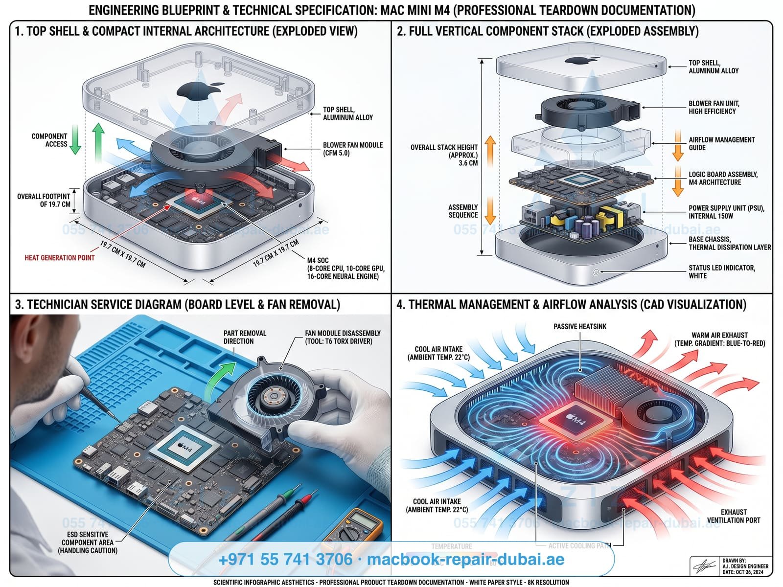 Mac mini M4 repair Dubai - compact desktop teardown infographic