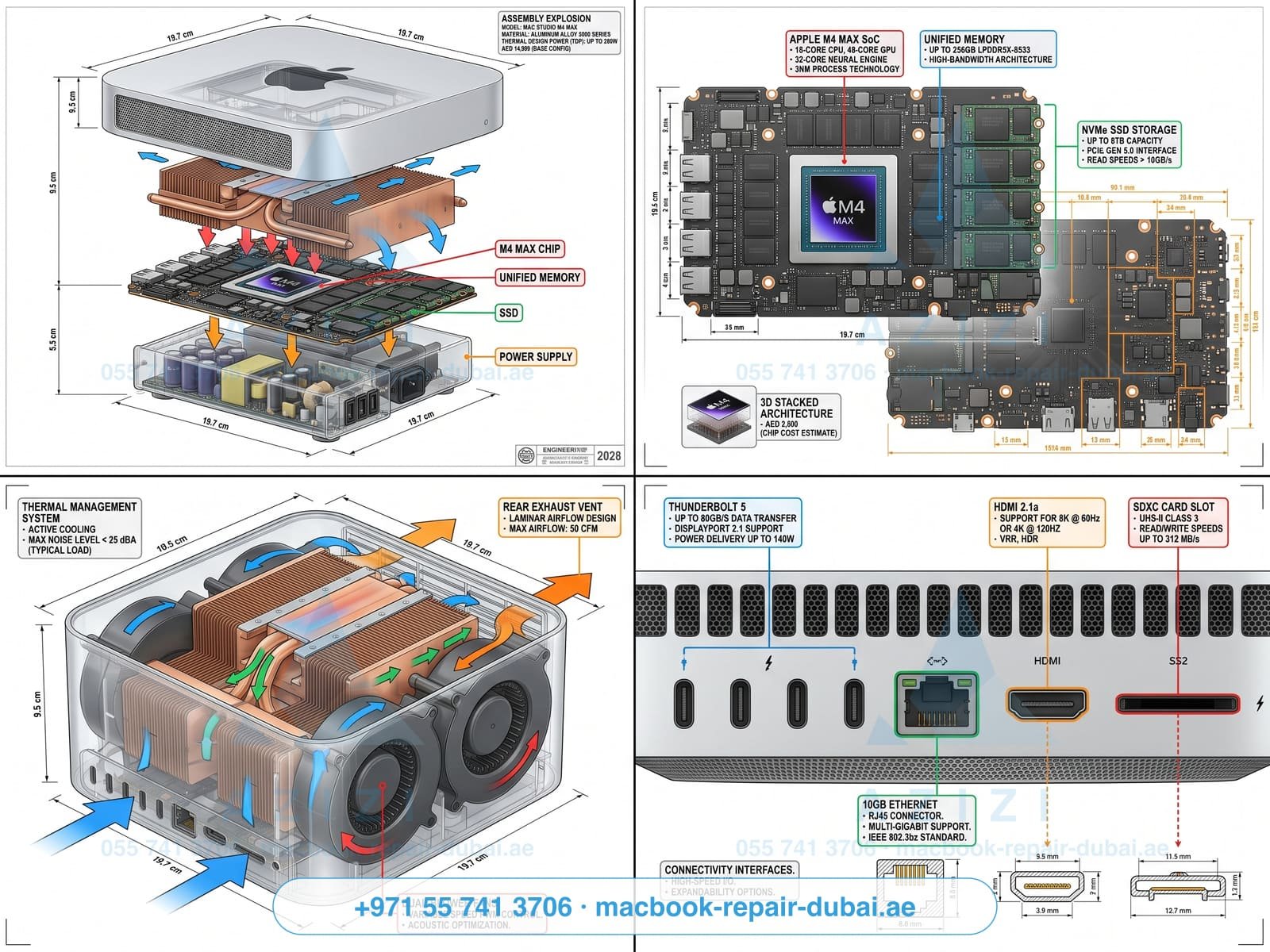 Mac Studio repair Dubai - M4 Max compact workstation teardown engineering infographic