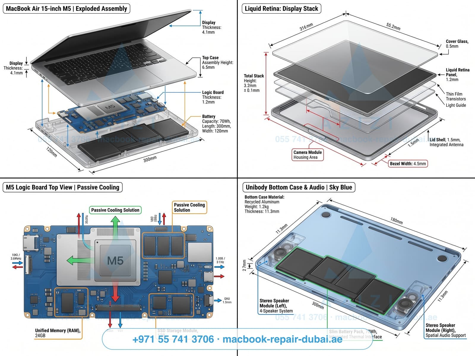 MacBook Air repair Dubai - M5 ultralight teardown exploded-view engineering infographic