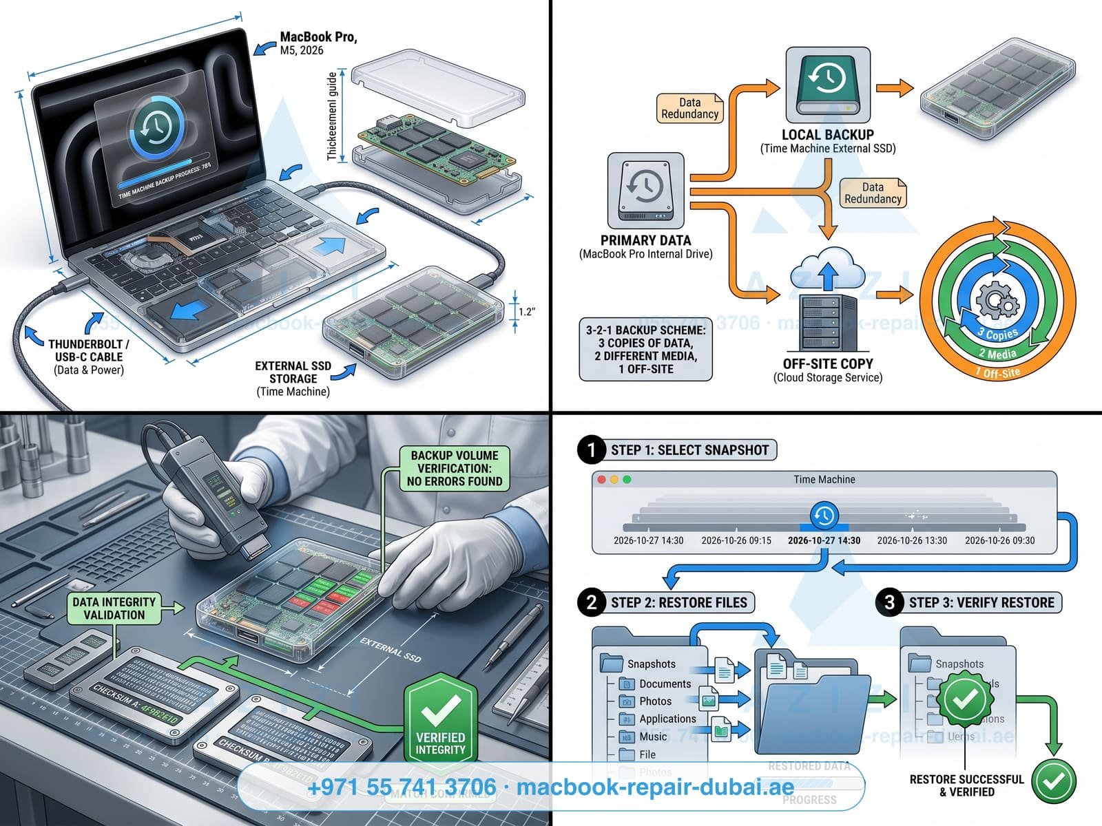 MacBook backup service Dubai - Time Machine and data backup workflow infographic