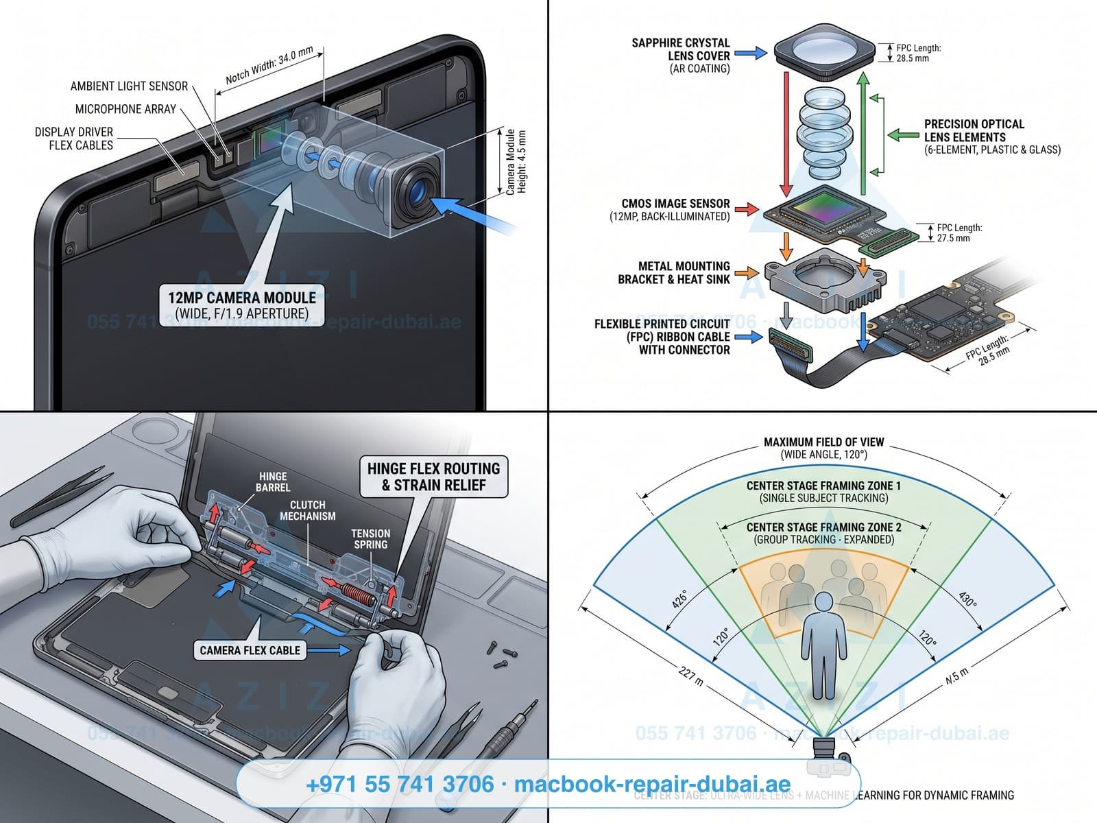 MacBook camera repair Dubai - 12MP Center Stage webcam module infographic