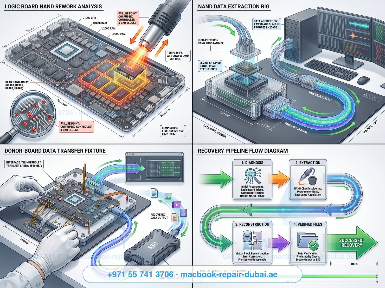 MacBook data recovery Dubai - SSD chip-off recovery engineering infographic