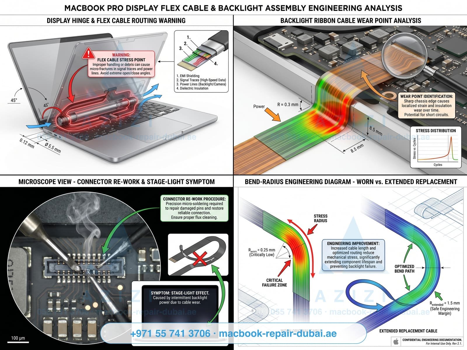 MacBook flexgate display cable repair Dubai - backlight ribbon engineering infographic