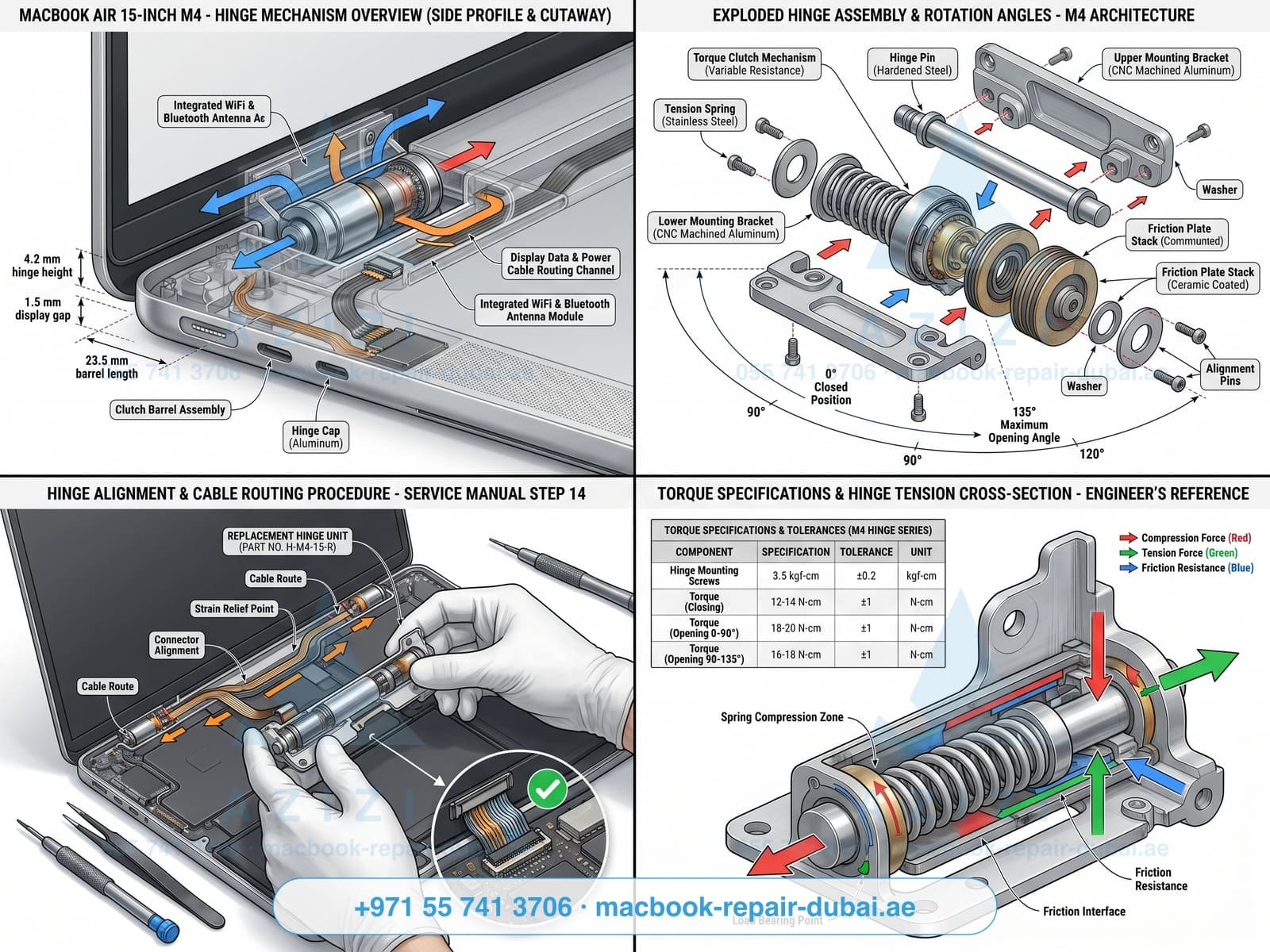 MacBook hinge repair Dubai - clutch mechanism cutaway engineering infographic