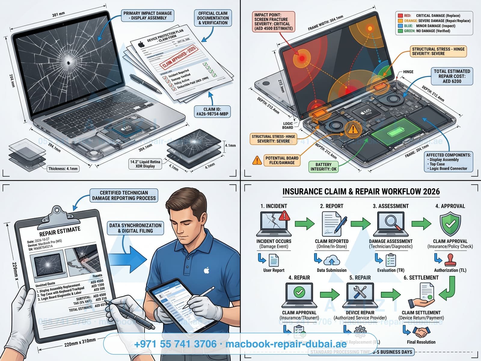 MacBook insurance repair claims Dubai - claim process infographic