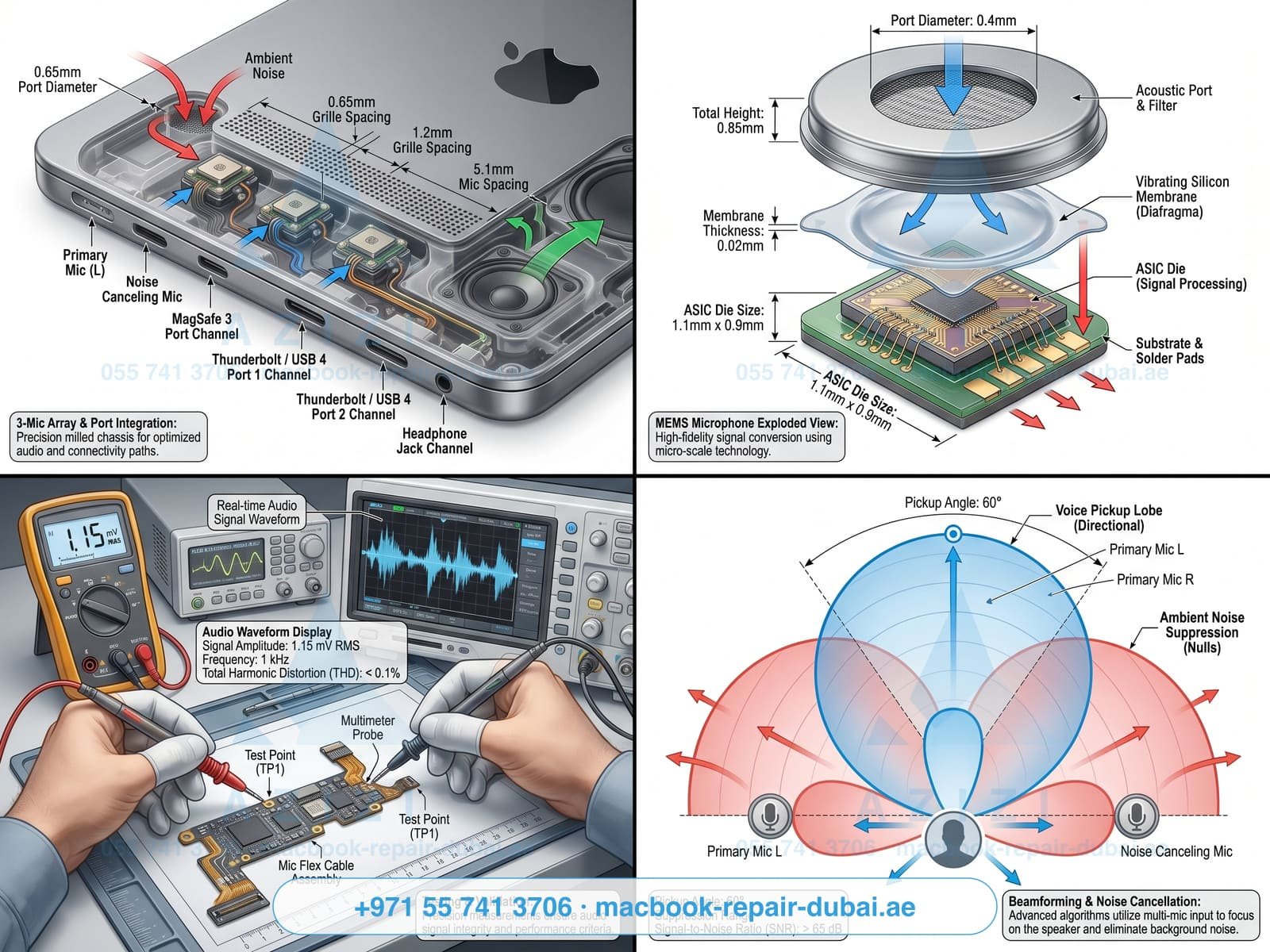 MacBook microphone repair Dubai - studio mic array engineering infographic