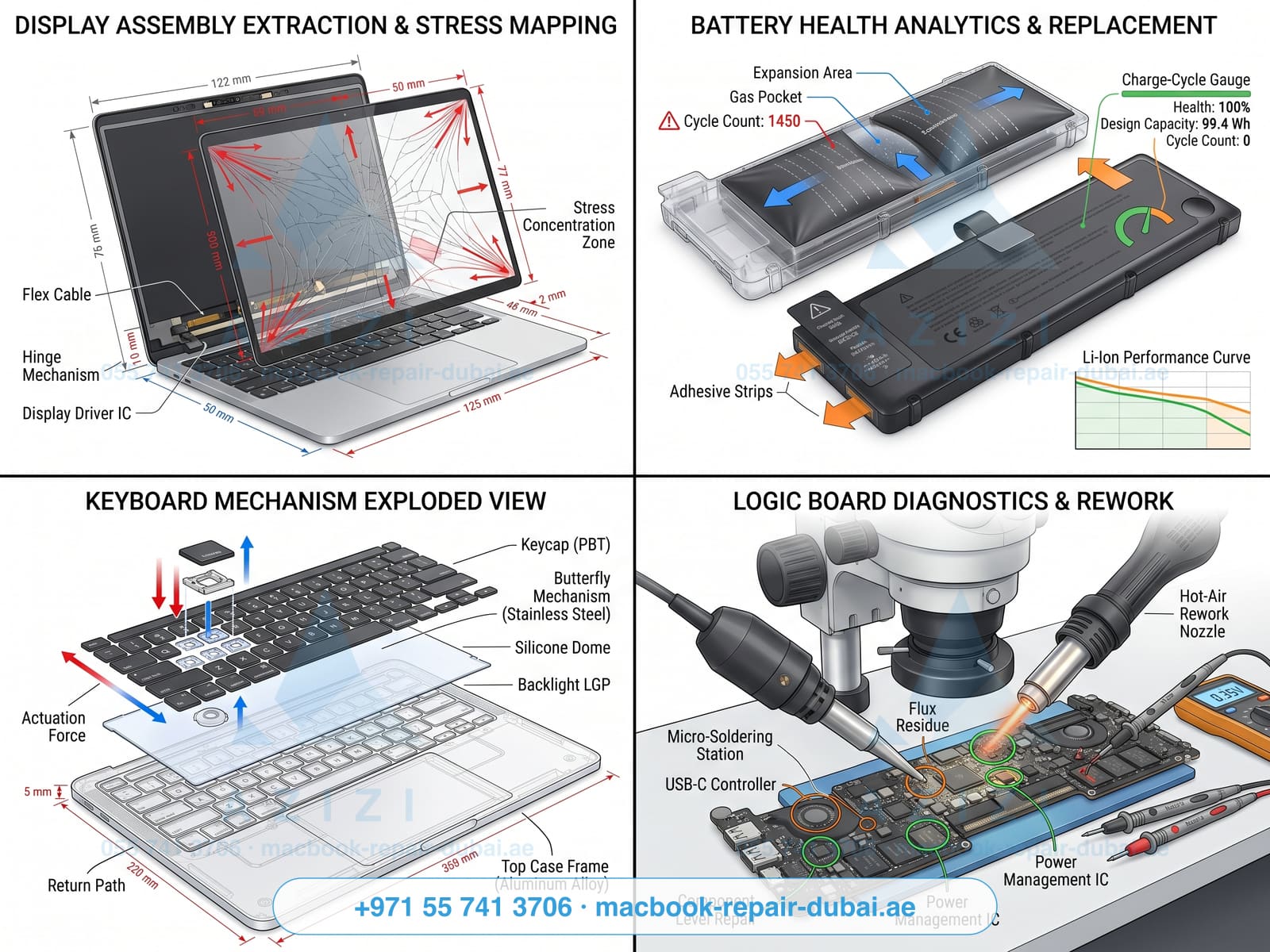 MacBook Pro repair services Dubai - screen, battery, keyboard and logic board infographic
