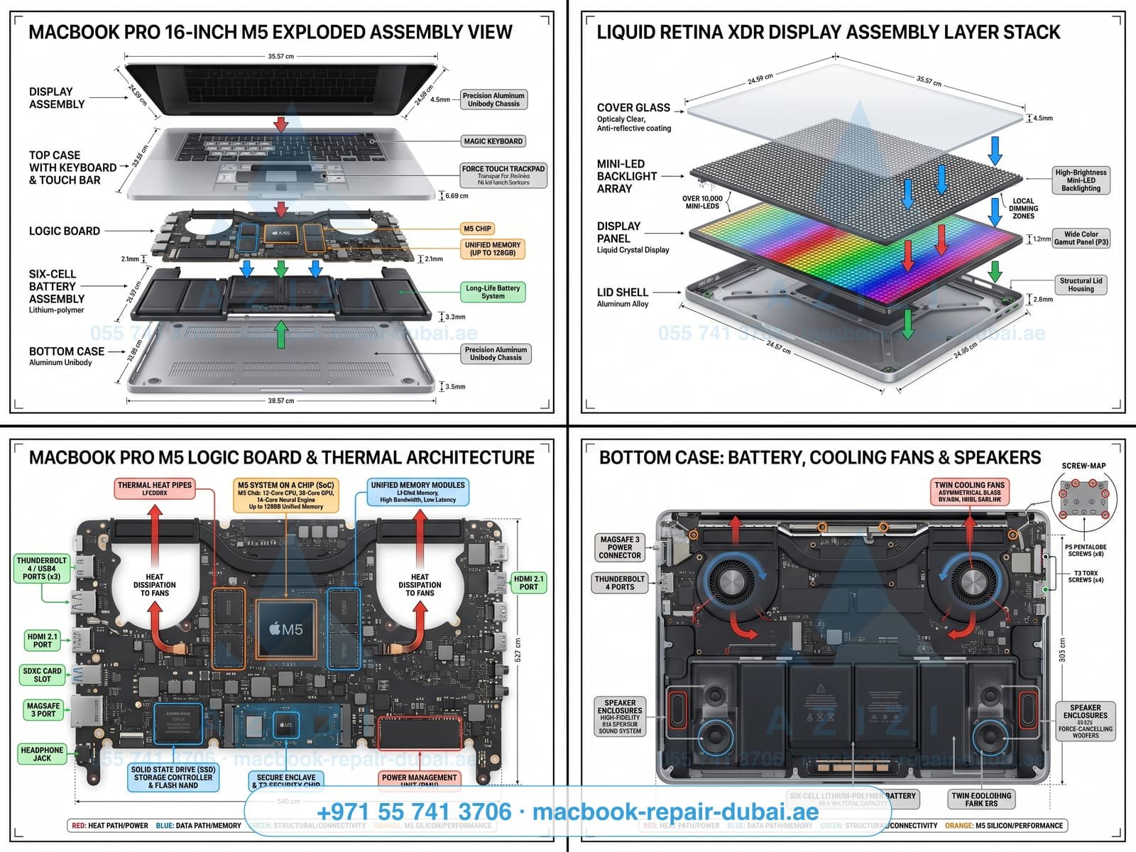 MacBook Pro repair Dubai - M5 full teardown exploded-view engineering infographic