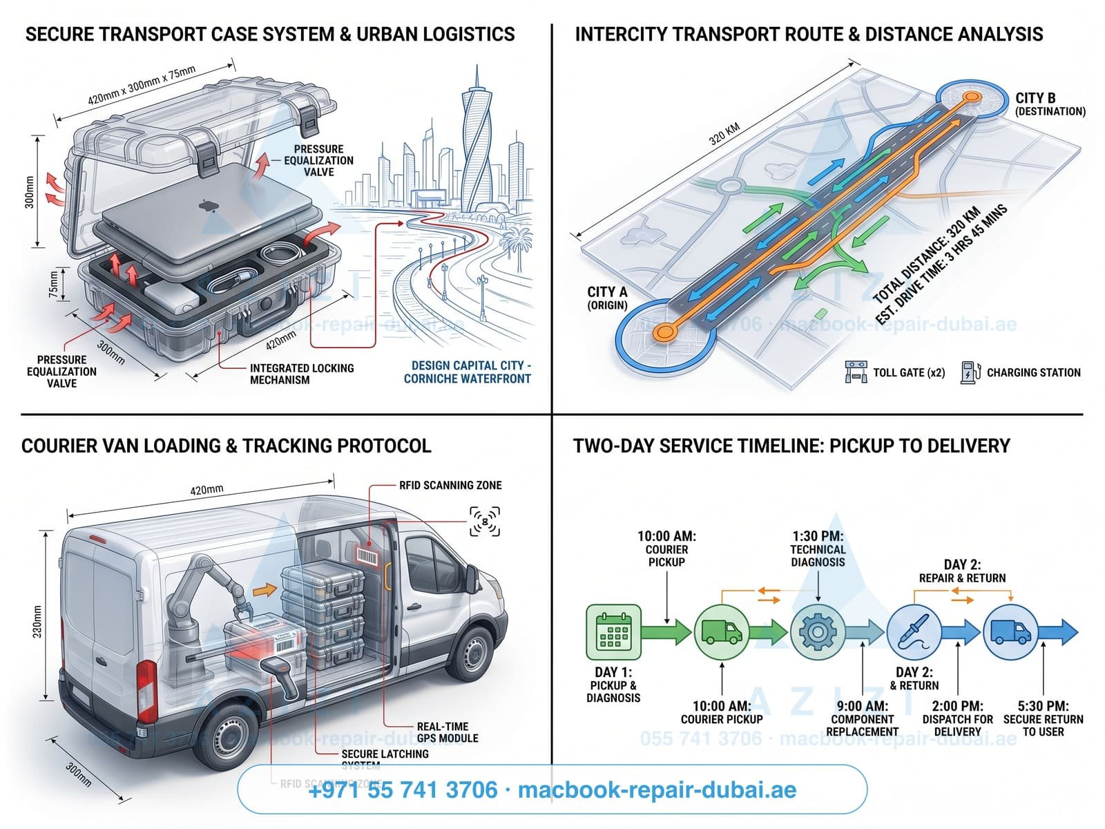 MacBook repair Abu Dhabi - intercity courier service infographic