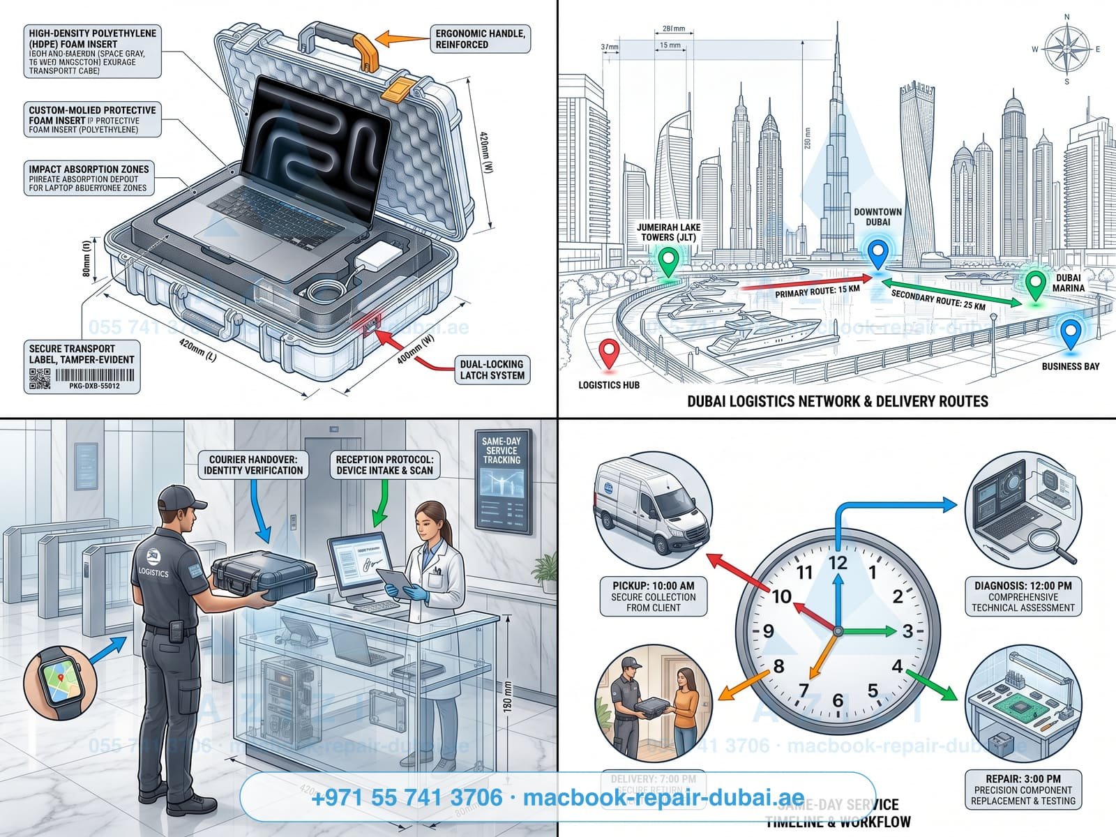 MacBook repair Dubai Marina Downtown - free pickup and delivery infographic