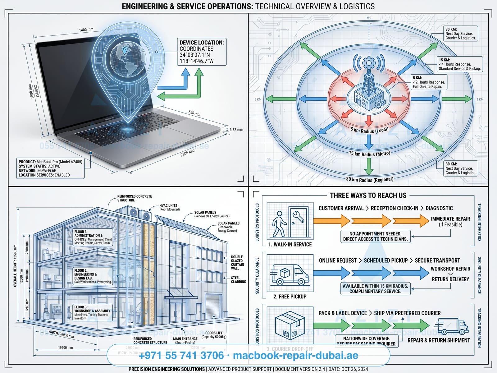 MacBook repair near me Dubai - workshop location and service radius infographic