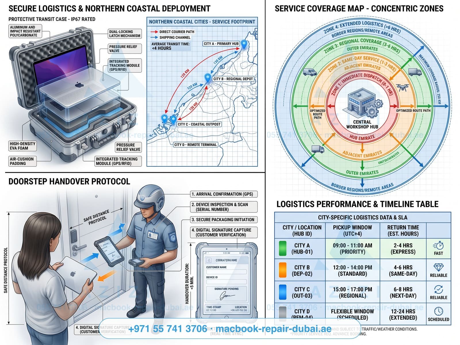MacBook repair Sharjah Ajman Northern Emirates - courier coverage infographic
