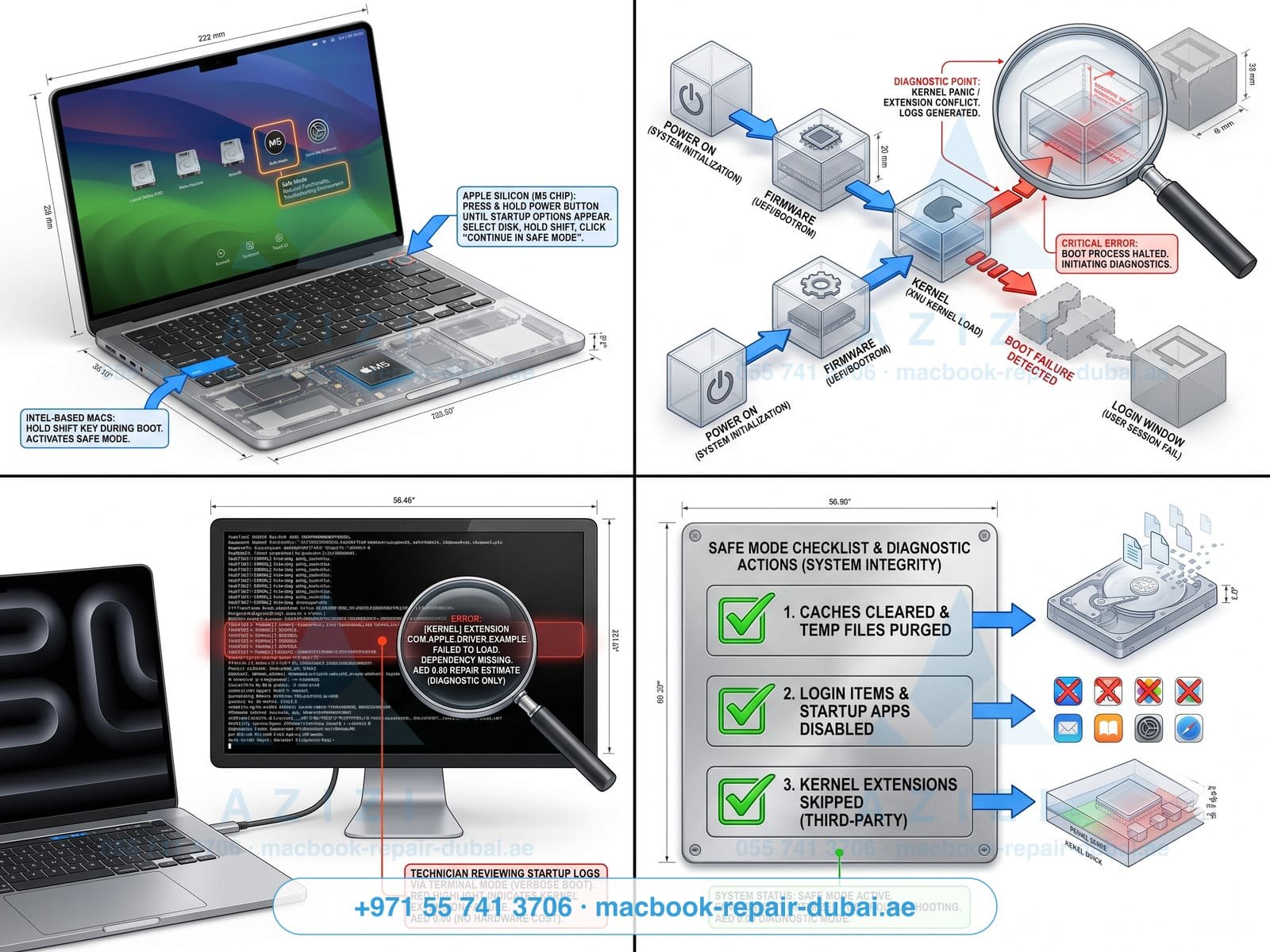 MacBook safe mode and startup repair Dubai - boot diagnostics engineering infographic