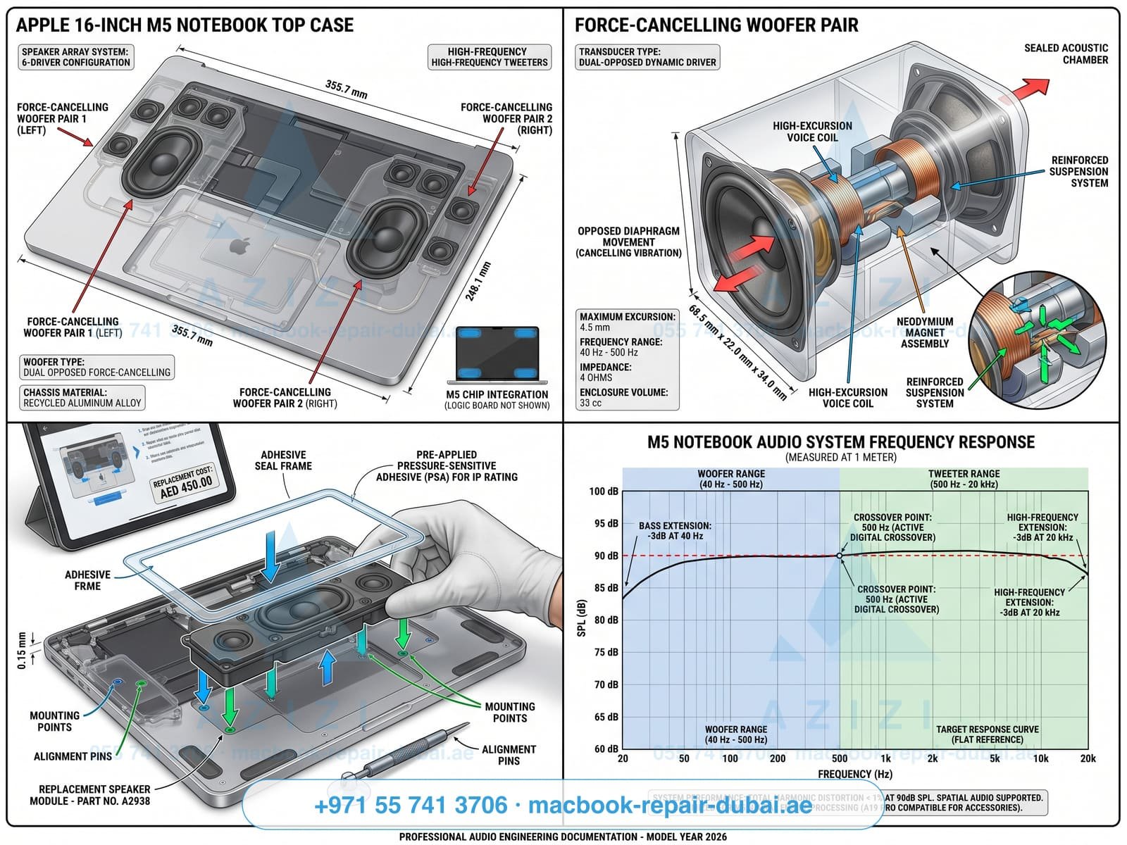 MacBook speaker repair Dubai - six-speaker array exploded infographic